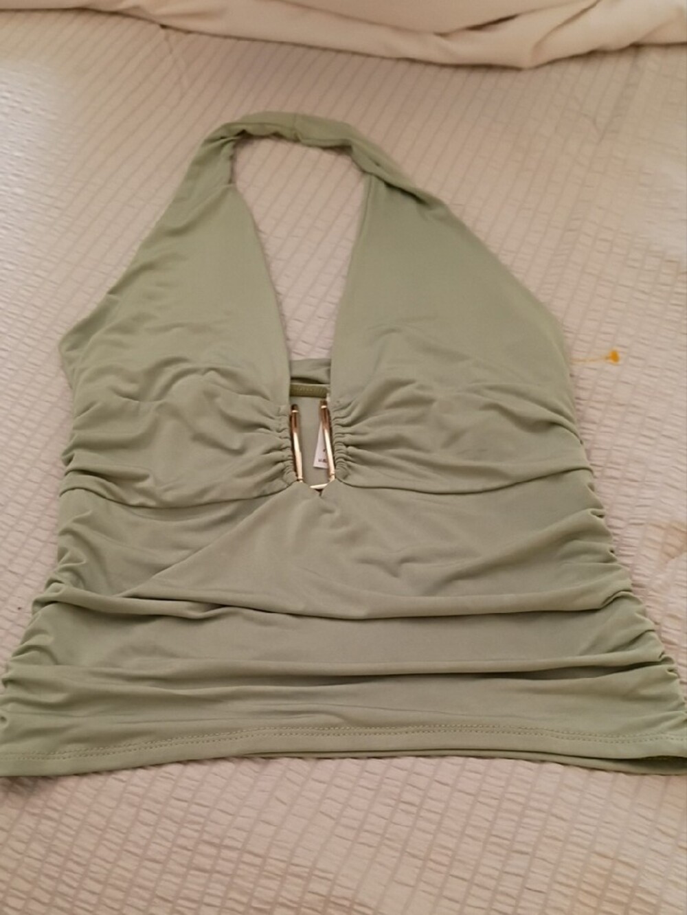 Chocolate Light Sage Halter Crop Top with Gold Accent Size L